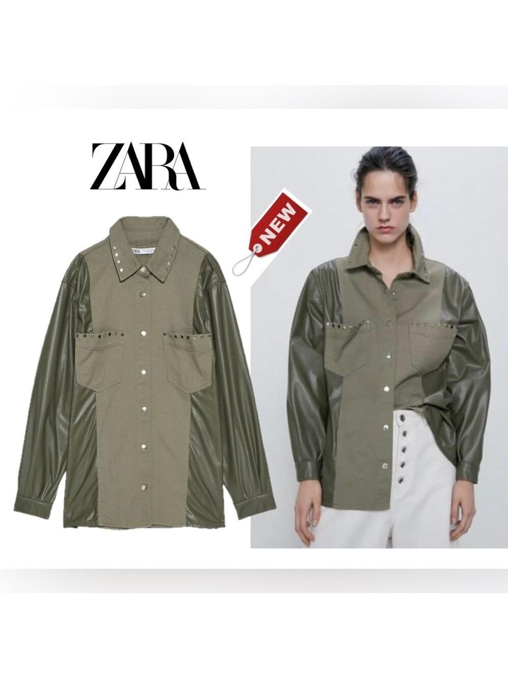 Zara olive green faux leather cotton studded utility shirt jacket shacket S NWT